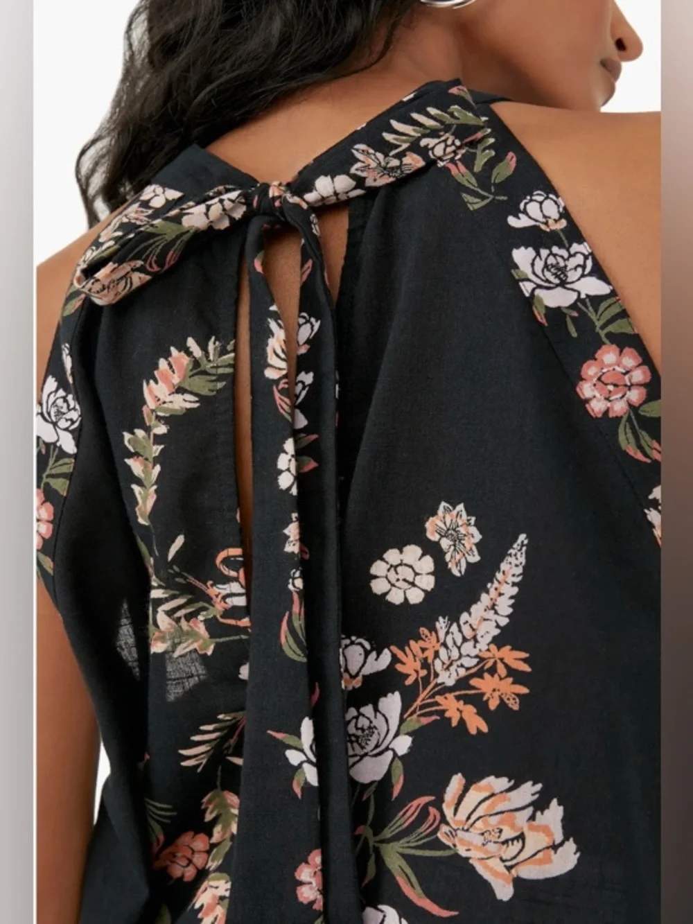 Free People Black Floral Halter Swing Cami with Peach and Cream Flowers: Large